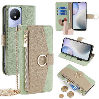 vivo Y02 4G Crossbody Phone Case with Litchi Texture Leather, Adjustable Kickstand, Card Slots, Zipper Purse, Makeup Mirror, and TPU Protection