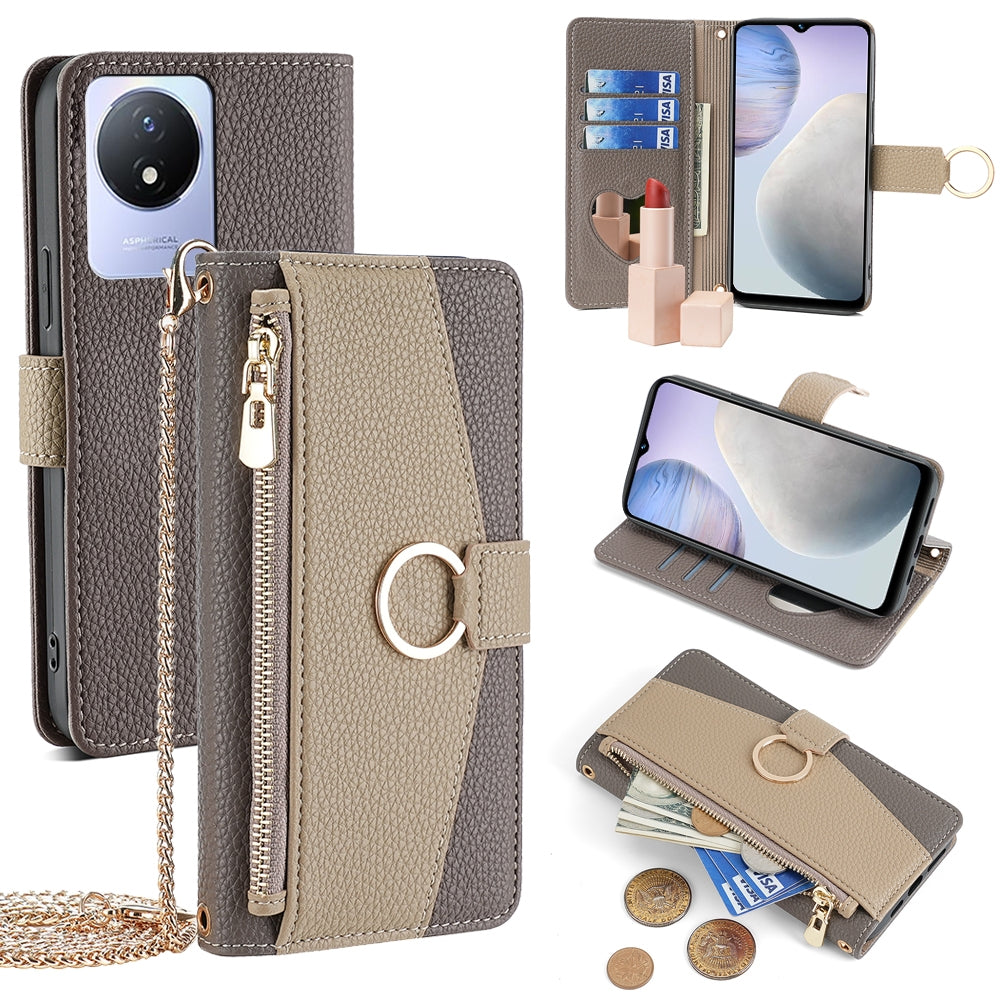 vivo Y02 4G Crossbody Phone Case with Litchi Texture Leather, Adjustable Kickstand, Card Slots, Zipper Purse, Makeup Mirror, and TPU Protection