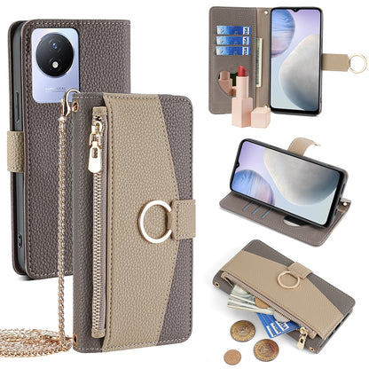 vivo Y02 4G Crossbody Phone Case with Litchi Texture Leather, Adjustable Kickstand, Card Slots, Zipper Purse, Makeup Mirror, and TPU Protection