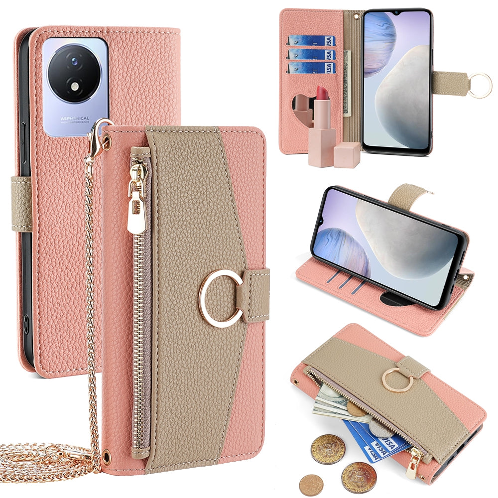 vivo Y02 4G Crossbody Phone Case with Litchi Texture Leather, Adjustable Kickstand, Card Slots, Zipper Purse, Makeup Mirror, and TPU Protection