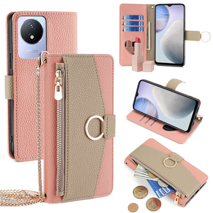 vivo Y02 4G Crossbody Phone Case with Litchi Texture Leather, Adjustable Kickstand, Card Slots, Zipper Purse, Makeup Mirror, and TPU Protection