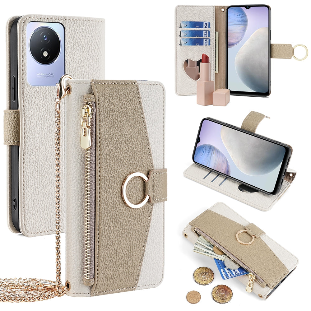 vivo Y02 4G Crossbody Phone Case with Litchi Texture Leather, Adjustable Kickstand, Card Slots, Zipper Purse, Makeup Mirror, and TPU Protection