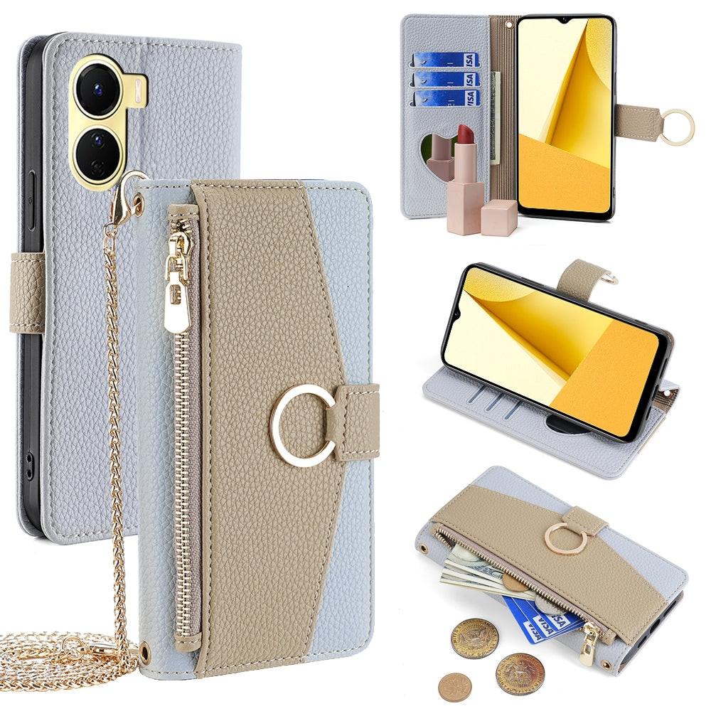 vivo Y16 4G Crossbody Phone Case with Litchi Texture Leather, Adjustable Kickstand, Card Slots, Zipper Purse, Makeup Mirror, and TPU Protection