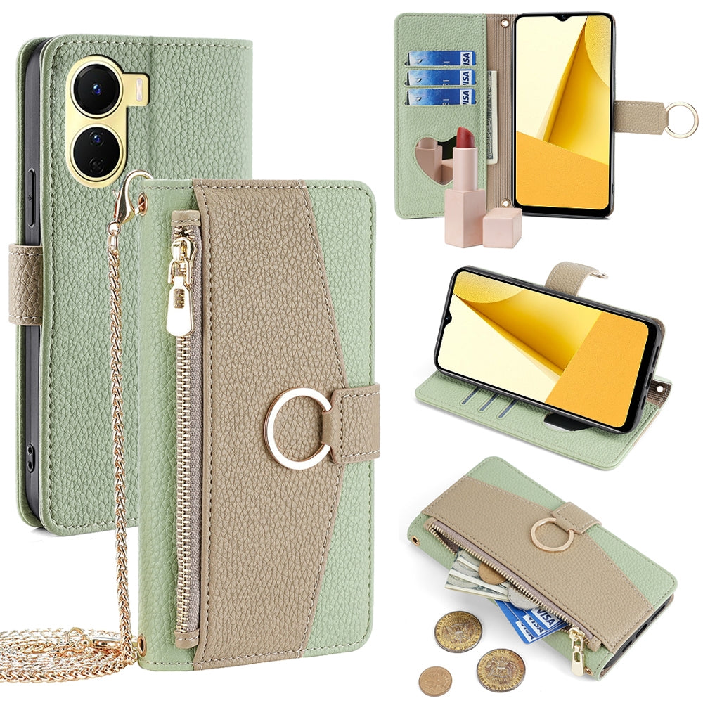 vivo Y16 4G Crossbody Phone Case with Litchi Texture Leather, Adjustable Kickstand, Card Slots, Zipper Purse, Makeup Mirror, and TPU Protection