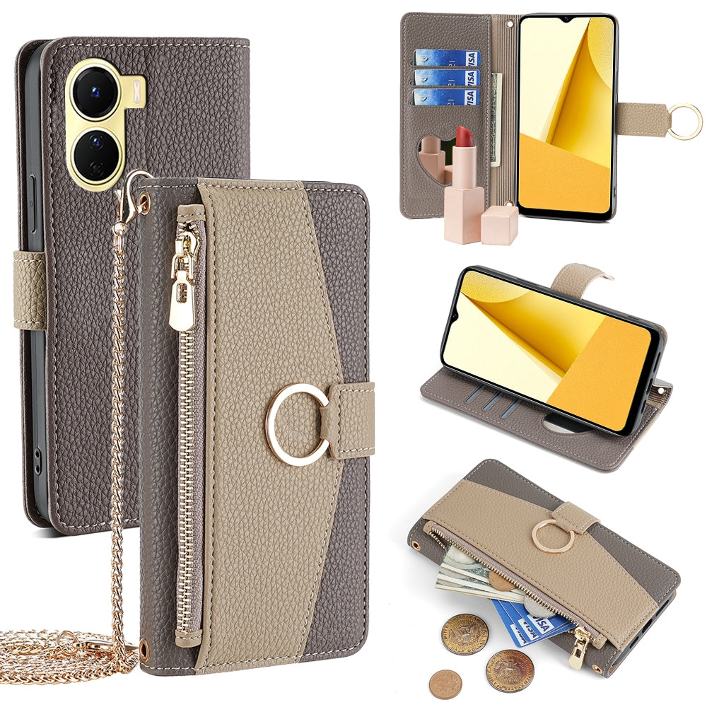 vivo Y02s 4G Crossbody Phone Case with Litchi Texture Leather, Adjustable Kickstand, Card Slots, Zipper Purse, Makeup Mirror, and TPU Protection