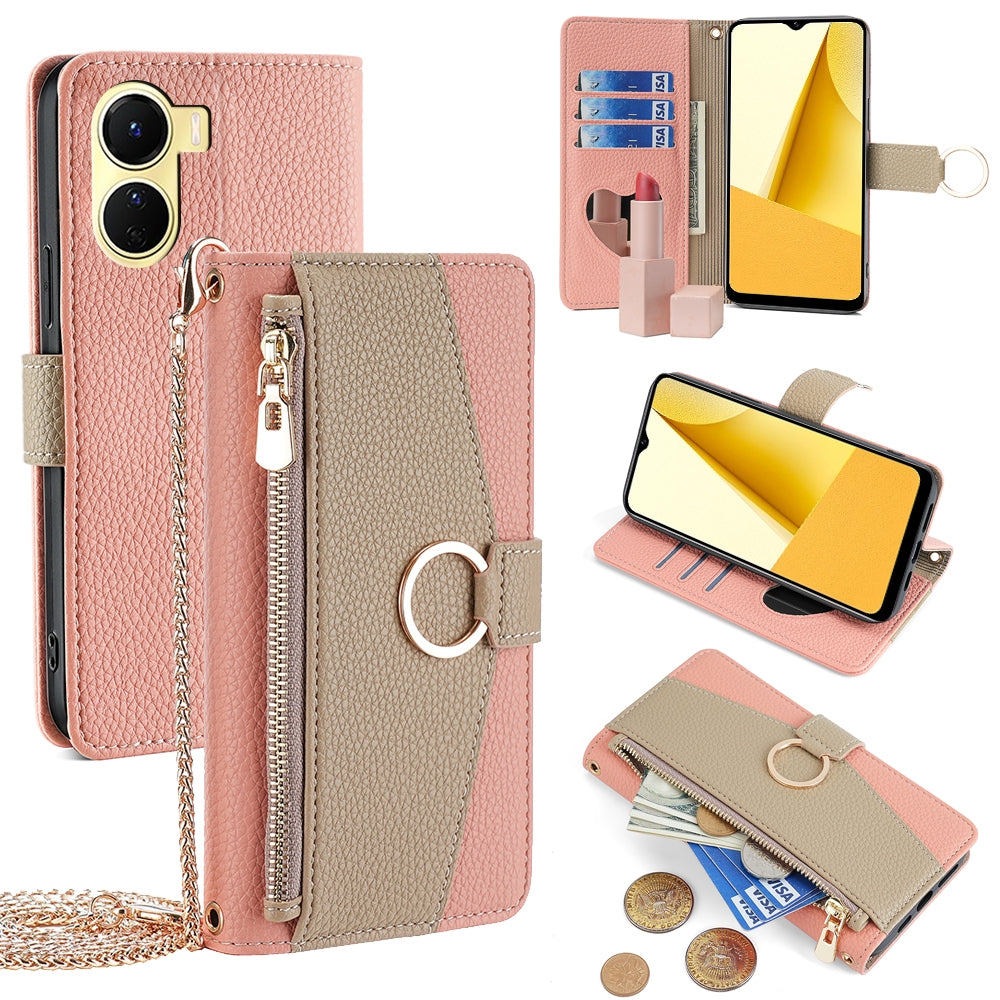 vivo Y16 4G Crossbody Phone Case with Litchi Texture Leather, Adjustable Kickstand, Card Slots, Zipper Purse, Makeup Mirror, and TPU Protection