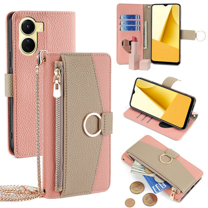 vivo Y02s 4G Crossbody Phone Case with Litchi Texture Leather, Adjustable Kickstand, Card Slots, Zipper Purse, Makeup Mirror, and TPU Protection