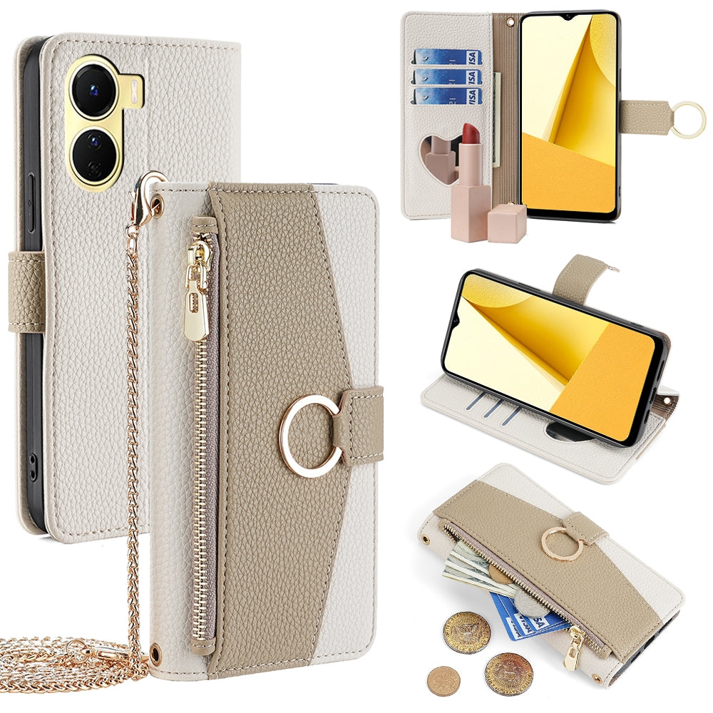 vivo Y02s 4G Crossbody Phone Case with Litchi Texture Leather, Adjustable Kickstand, Card Slots, Zipper Purse, Makeup Mirror, and TPU Protection