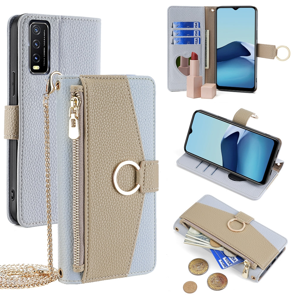 vivo Y11s Crossbody Phone Case with Litchi Texture Leather, Adjustable Kickstand, Card Slots, Zipper Purse, Makeup Mirror, and TPU Protection