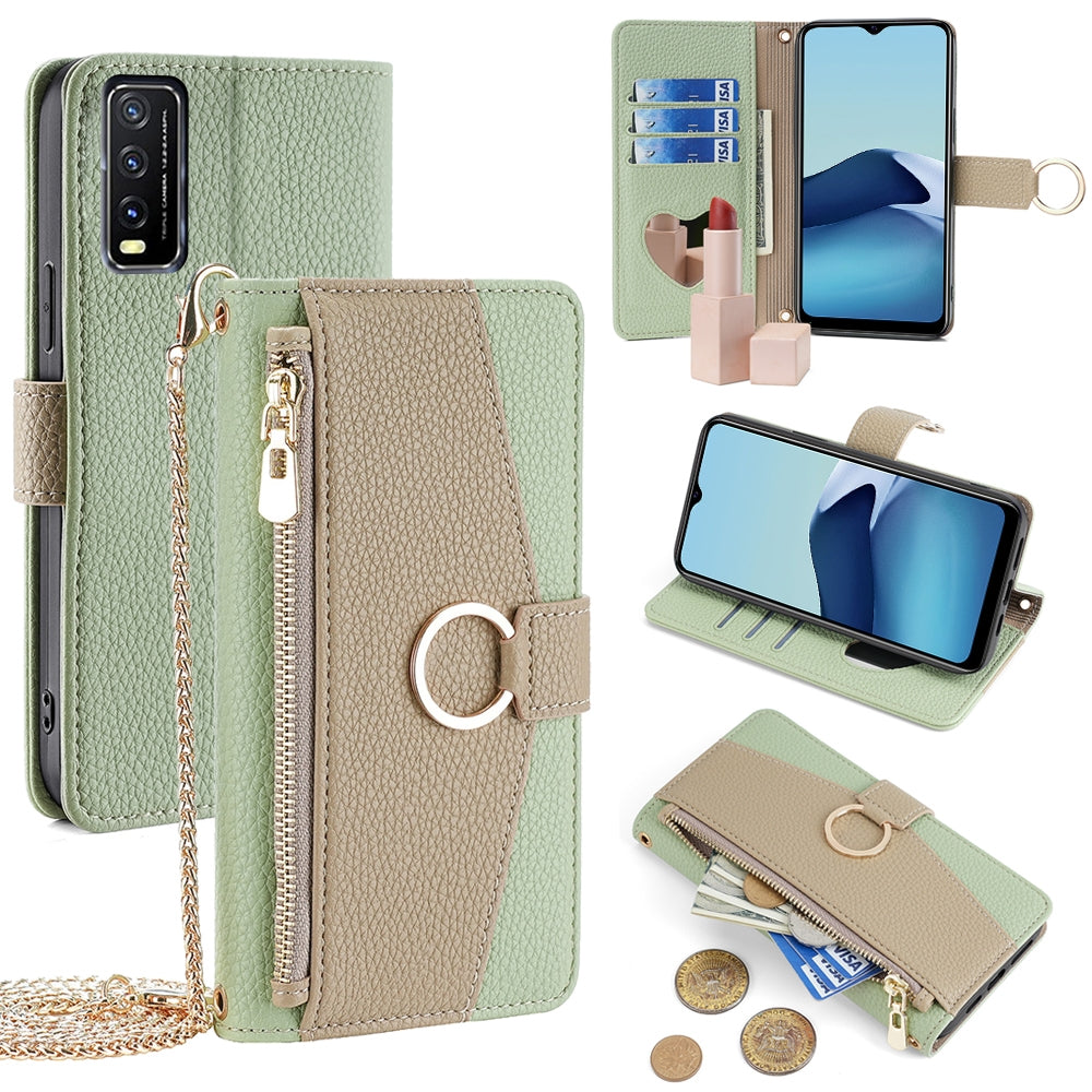 vivo Y11s Crossbody Phone Case with Litchi Texture Leather, Adjustable Kickstand, Card Slots, Zipper Purse, Makeup Mirror, and TPU Protection