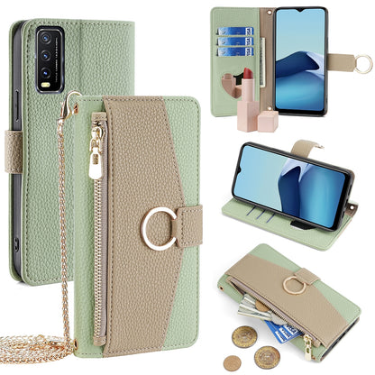 vivo Y12s Crossbody Phone Case with Litchi Texture Leather, Adjustable Kickstand, Card Slots, Zipper Purse, Makeup Mirror, and TPU Protection