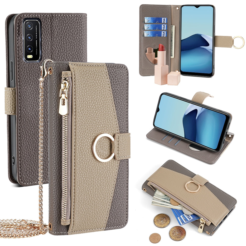 vivo Y12s Crossbody Phone Case with Litchi Texture Leather, Adjustable Kickstand, Card Slots, Zipper Purse, Makeup Mirror, and TPU Protection
