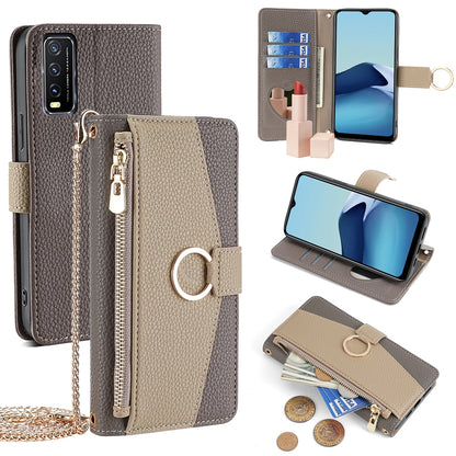 vivo Y11s Crossbody Phone Case with Litchi Texture Leather, Adjustable Kickstand, Card Slots, Zipper Purse, Makeup Mirror, and TPU Protection