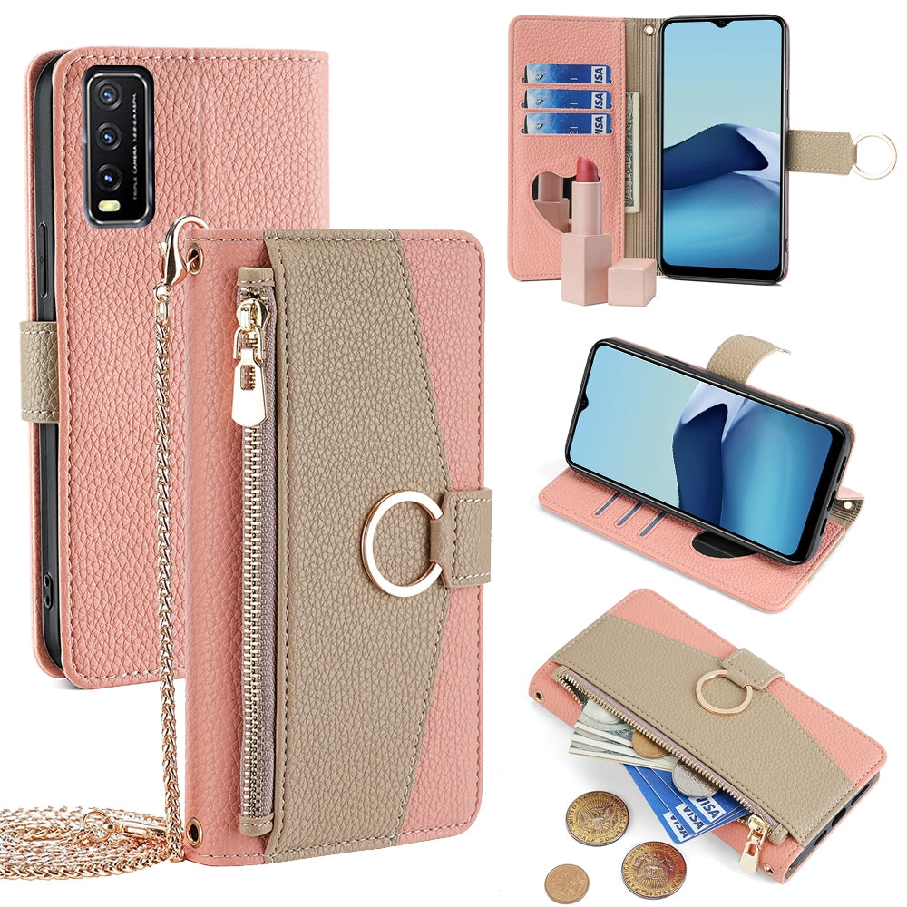 vivo Y12s Crossbody Phone Case with Litchi Texture Leather, Adjustable Kickstand, Card Slots, Zipper Purse, Makeup Mirror, and TPU Protection