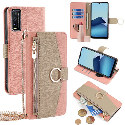 vivo Y12s Crossbody Phone Case with Litchi Texture Leather, Adjustable Kickstand, Card Slots, Zipper Purse, Makeup Mirror, and TPU Protection