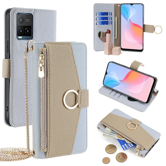 For vivo Y33s Crossbody Phone Case with Litchi Texture Leather, Adjustable Kickstand, Card Slots, Zipper Purse, Makeup Mirror, and TPU Protection