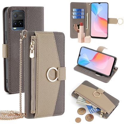 For vivo Y33s Crossbody Phone Case with Litchi Texture Leather, Adjustable Kickstand, Card Slots, Zipper Purse, Makeup Mirror, and TPU Protection