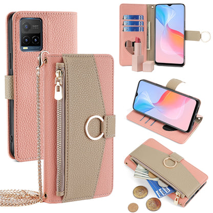 For vivo Y33s Crossbody Phone Case with Litchi Texture Leather, Adjustable Kickstand, Card Slots, Zipper Purse, Makeup Mirror, and TPU Protection