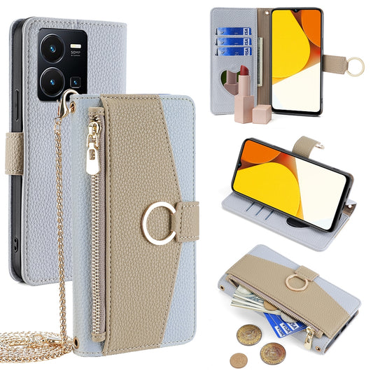 For vivo Y35 4G Crossbody Phone Case with Litchi Texture Leather, Adjustable Kickstand, Card Slots, Zipper Purse, Makeup Mirror, and TPU Protection