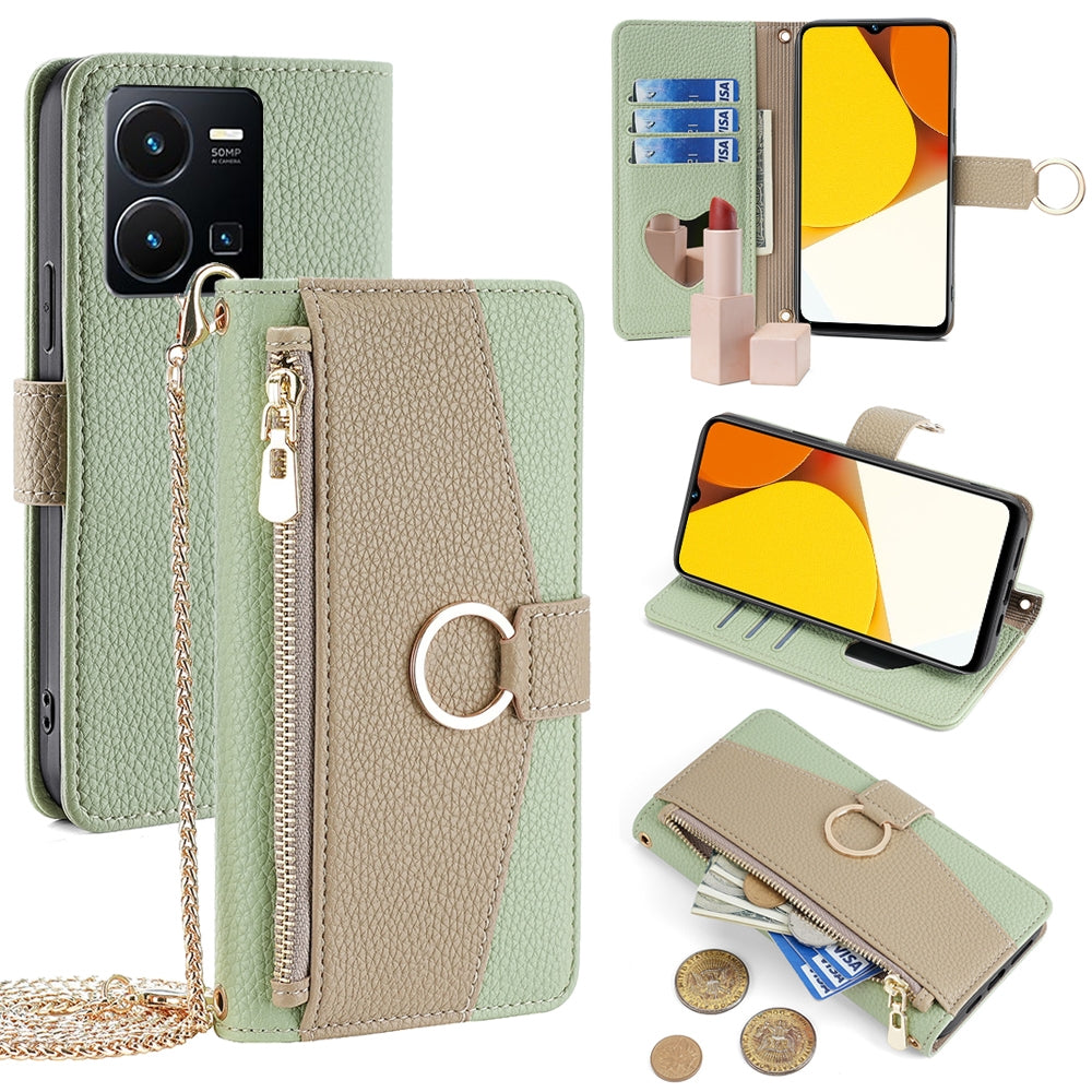 For vivo Y35 4G Crossbody Phone Case with Litchi Texture Leather, Adjustable Kickstand, Card Slots, Zipper Purse, Makeup Mirror, and TPU Protection