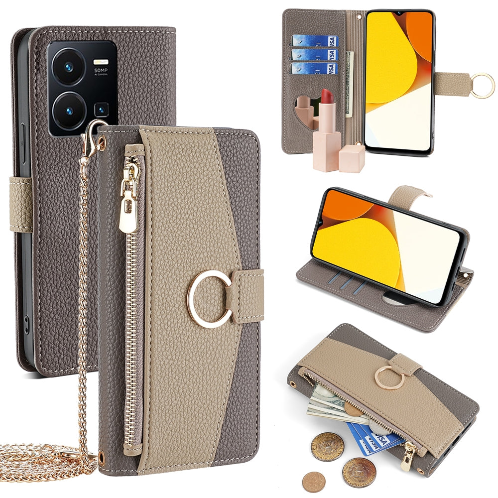 For vivo Y35 4G Crossbody Phone Case with Litchi Texture Leather, Adjustable Kickstand, Card Slots, Zipper Purse, Makeup Mirror, and TPU Protection