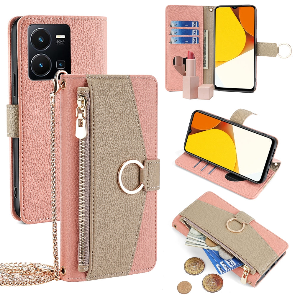 For vivo Y35 4G Crossbody Phone Case with Litchi Texture Leather, Adjustable Kickstand, Card Slots, Zipper Purse, Makeup Mirror, and TPU Protection