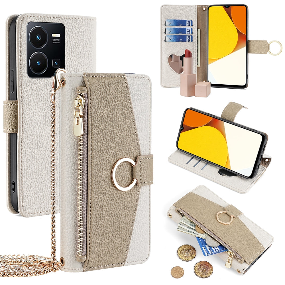 For vivo Y35 4G Crossbody Phone Case with Litchi Texture Leather, Adjustable Kickstand, Card Slots, Zipper Purse, Makeup Mirror, and TPU Protection