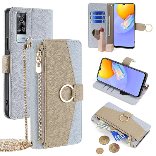 For vivo Y51 2020 4G Crossbody Phone Case with Litchi Texture Leather, Adjustable Kickstand, Card Slots, Zipper Purse, Makeup Mirror, and TPU Protection