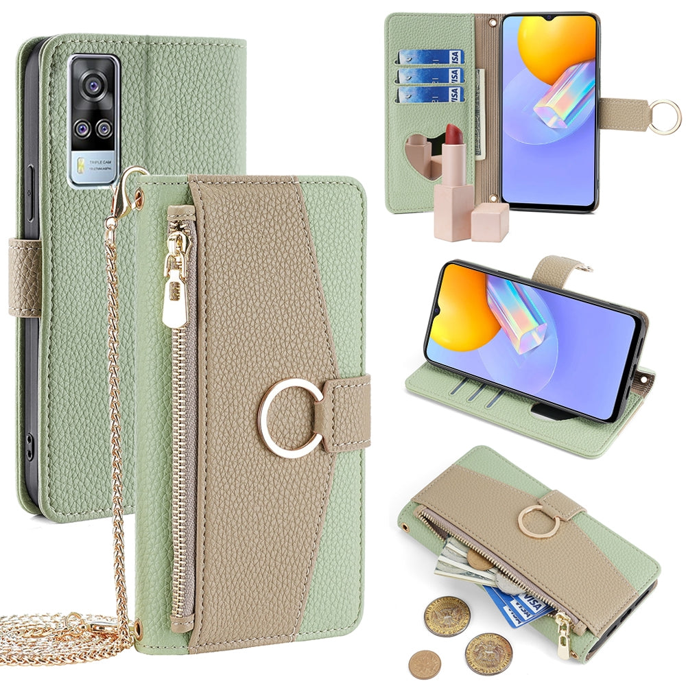 For vivo Y51 2020 4G Crossbody Phone Case with Litchi Texture Leather, Adjustable Kickstand, Card Slots, Zipper Purse, Makeup Mirror, and TPU Protection