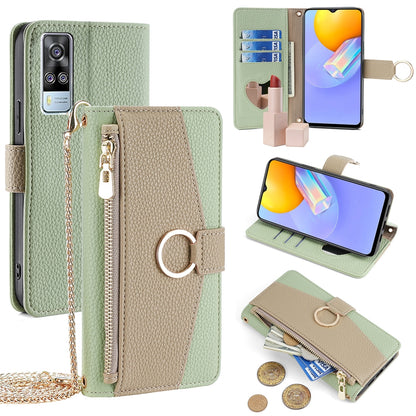 For vivo Y51 2020 4G Crossbody Phone Case with Litchi Texture Leather, Adjustable Kickstand, Card Slots, Zipper Purse, Makeup Mirror, and TPU Protection