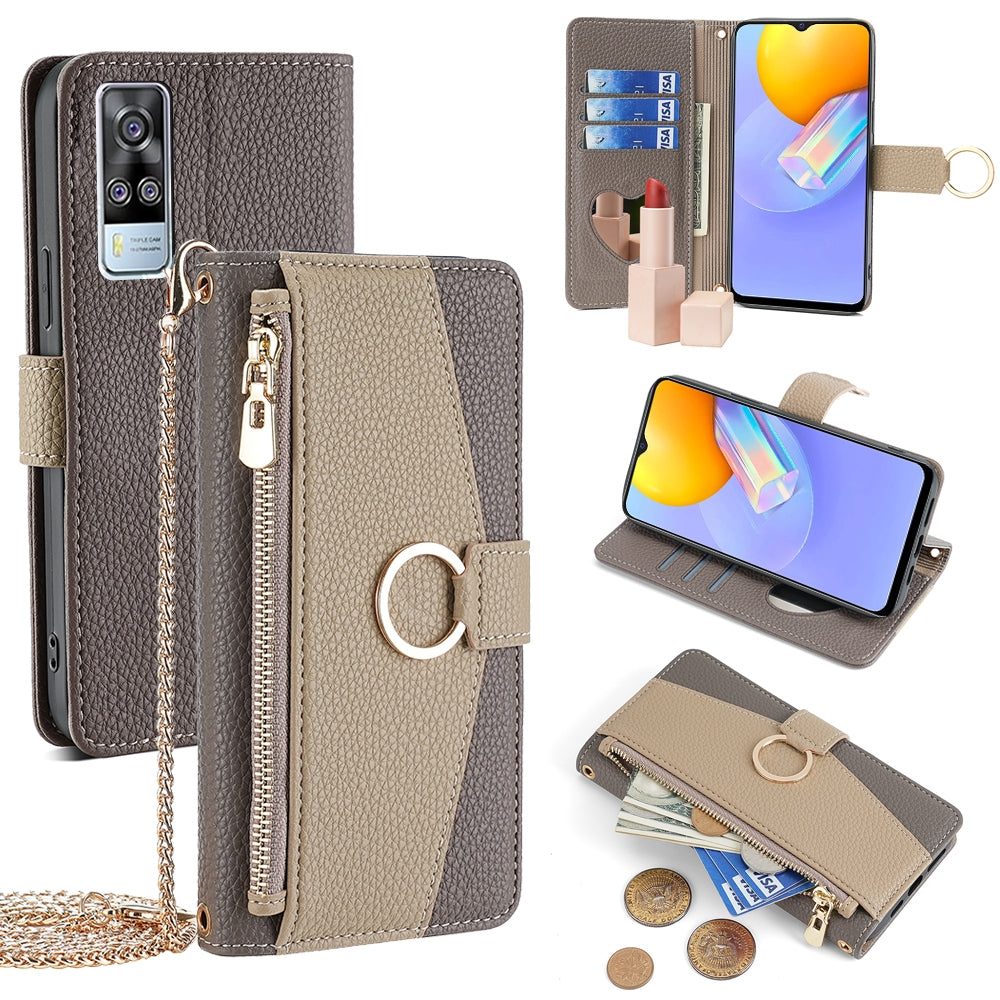 For vivo Y51 2020 4G Crossbody Phone Case with Litchi Texture Leather, Adjustable Kickstand, Card Slots, Zipper Purse, Makeup Mirror, and TPU Protection