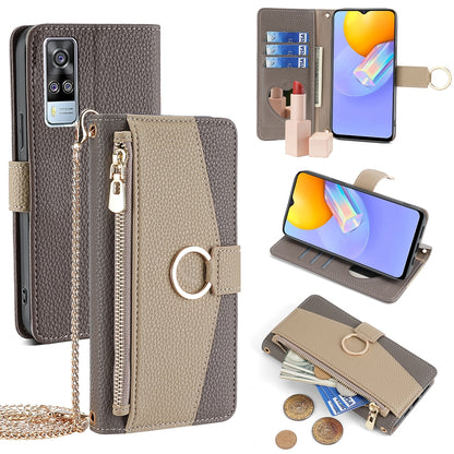 For vivo Y51 2020 4G Crossbody Phone Case with Litchi Texture Leather, Adjustable Kickstand, Card Slots, Zipper Purse, Makeup Mirror, and TPU Protection