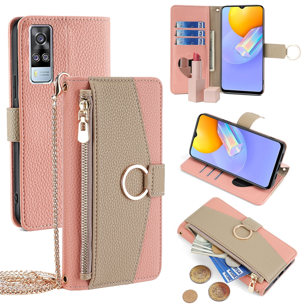 For vivo Y51 2020 4G Crossbody Phone Case with Litchi Texture Leather, Adjustable Kickstand, Card Slots, Zipper Purse, Makeup Mirror, and TPU Protection