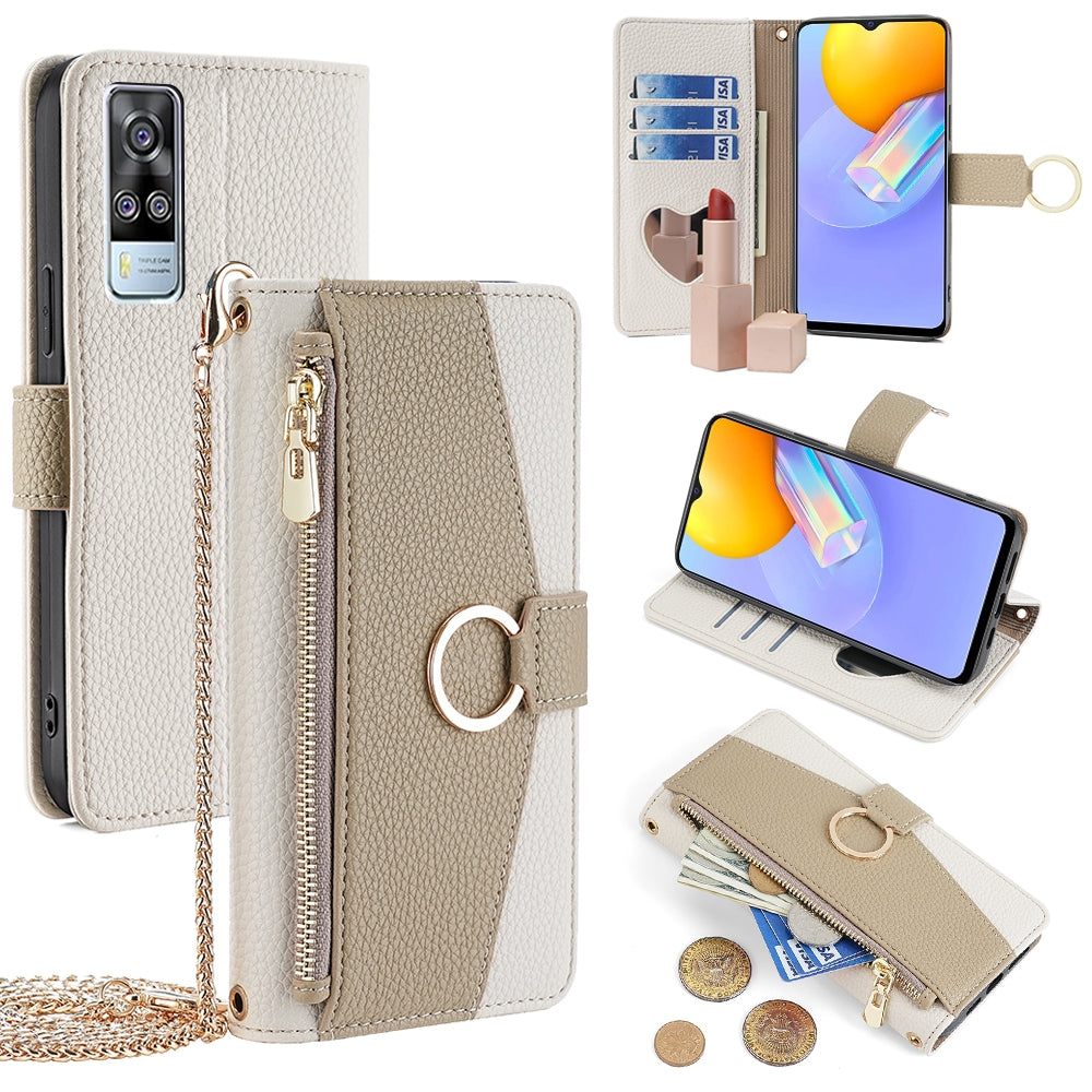 For vivo Y51 2020 4G Crossbody Phone Case with Litchi Texture Leather, Adjustable Kickstand, Card Slots, Zipper Purse, Makeup Mirror, and TPU Protection
