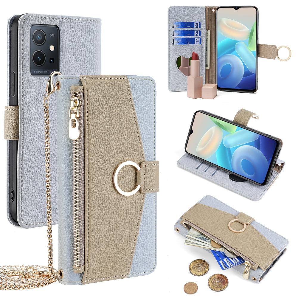 vivo T1 5G Foreign Crossbody Phone Case with Litchi Texture Leather, Adjustable Kickstand, Card Slots, Zipper Purse, Makeup Mirror, and TPU Protection