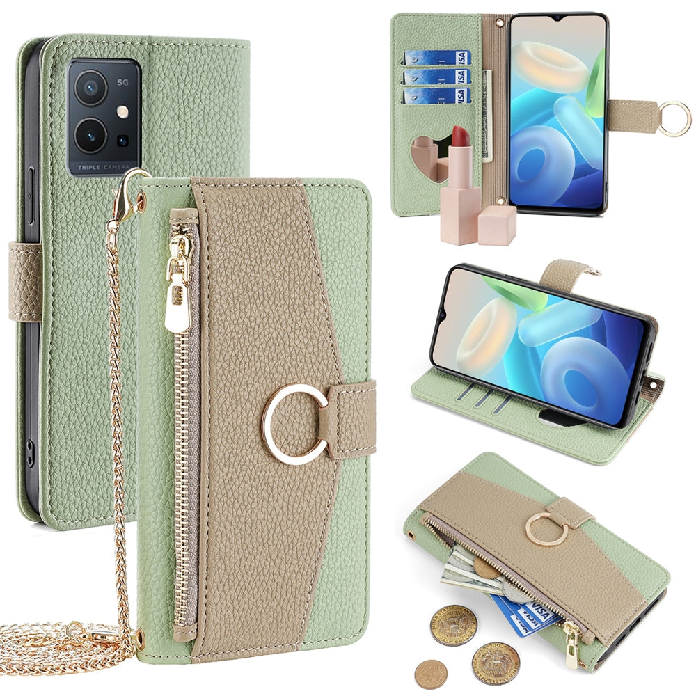 vivo T1 5G Foreign Crossbody Phone Case with Litchi Texture Leather, Adjustable Kickstand, Card Slots, Zipper Purse, Makeup Mirror, and TPU Protection