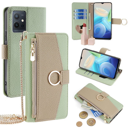 vivo T1 5G Foreign Crossbody Phone Case with Litchi Texture Leather, Adjustable Kickstand, Card Slots, Zipper Purse, Makeup Mirror, and TPU Protection