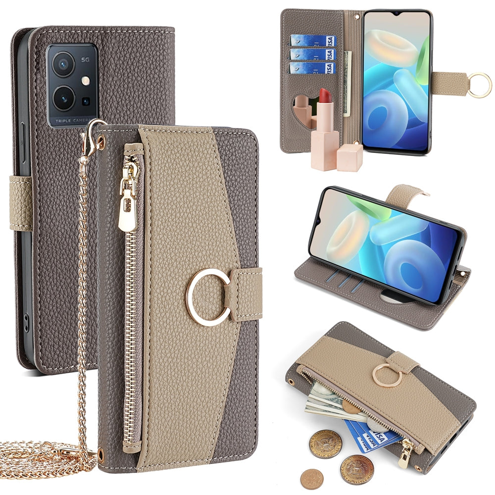 vivo T1 5G Foreign Crossbody Phone Case with Litchi Texture Leather, Adjustable Kickstand, Card Slots, Zipper Purse, Makeup Mirror, and TPU Protection
