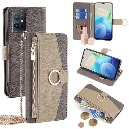 vivo T1 5G Foreign Crossbody Phone Case with Litchi Texture Leather, Adjustable Kickstand, Card Slots, Zipper Purse, Makeup Mirror, and TPU Protection