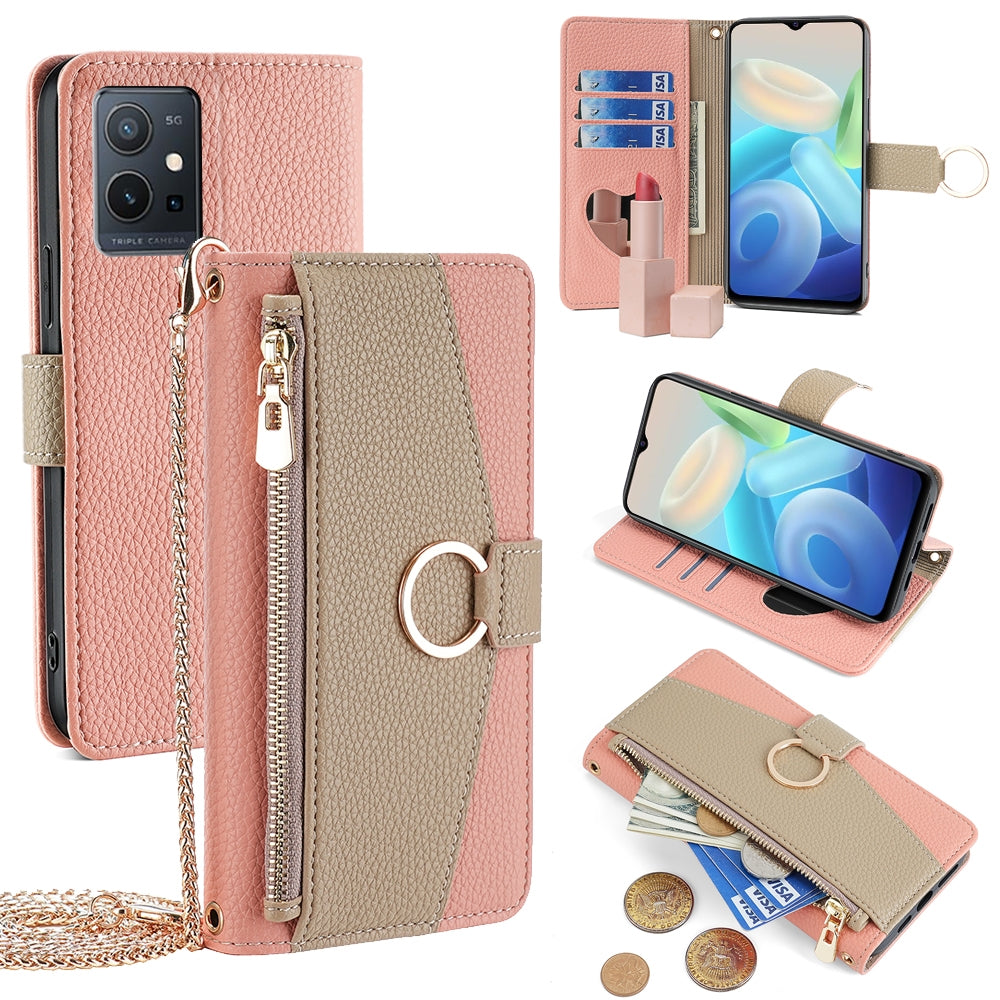 vivo T1 5G Foreign Crossbody Phone Case with Litchi Texture Leather, Adjustable Kickstand, Card Slots, Zipper Purse, Makeup Mirror, and TPU Protection
