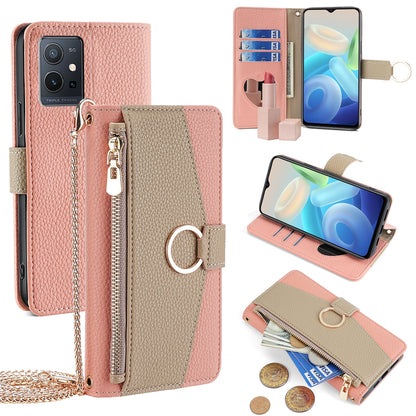 vivo T1 5G Foreign Crossbody Phone Case with Litchi Texture Leather, Adjustable Kickstand, Card Slots, Zipper Purse, Makeup Mirror, and TPU Protection