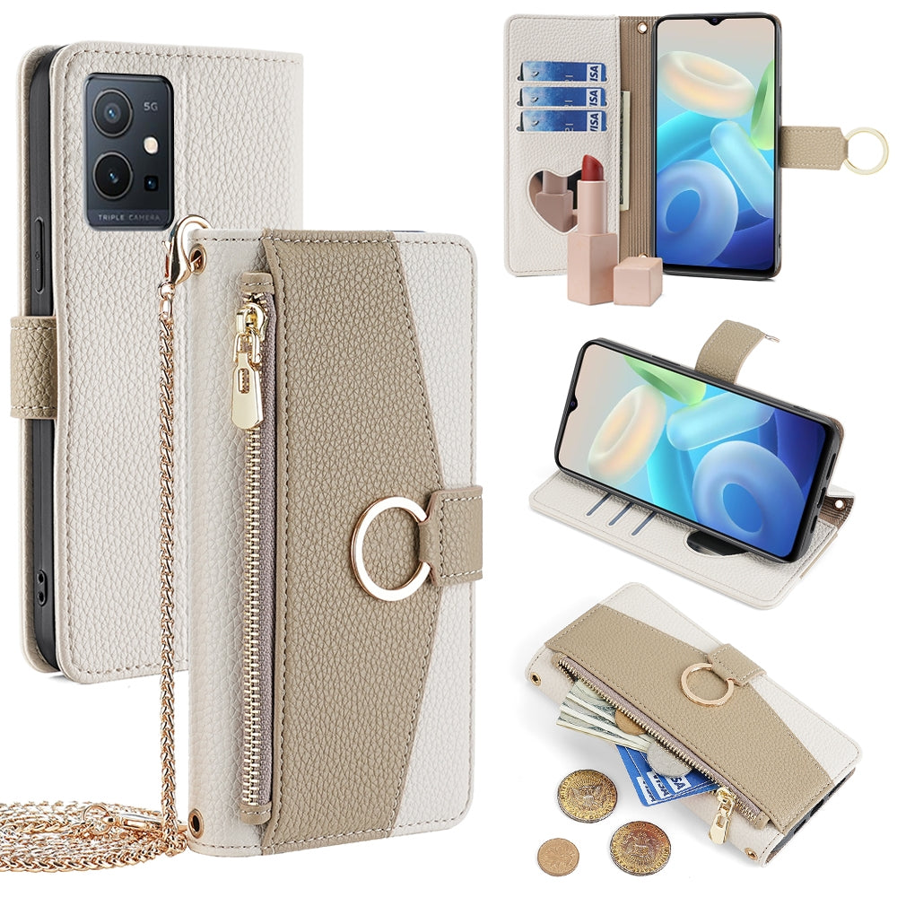 For vivo Y75 5G Crossbody Phone Case with Litchi Texture Leather, Adjustable Kickstand, Card Slots, Zipper Purse, Makeup Mirror, and TPU Protection