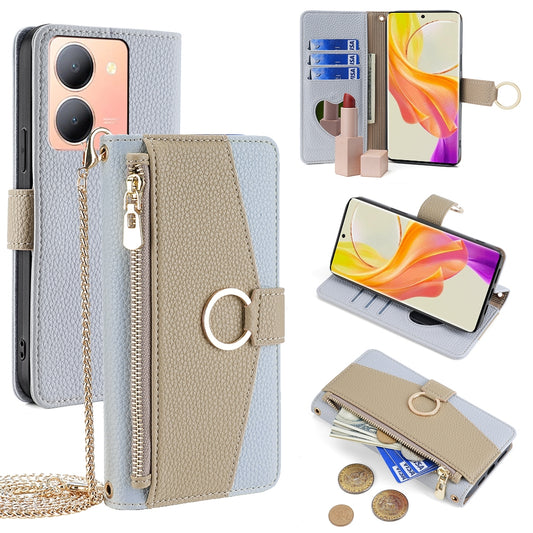 For vivo Y78 5G Crossbody Phone Case with Litchi Texture Leather, Adjustable Kickstand, Card Slots, Zipper Purse, Makeup Mirror, and TPU Protection