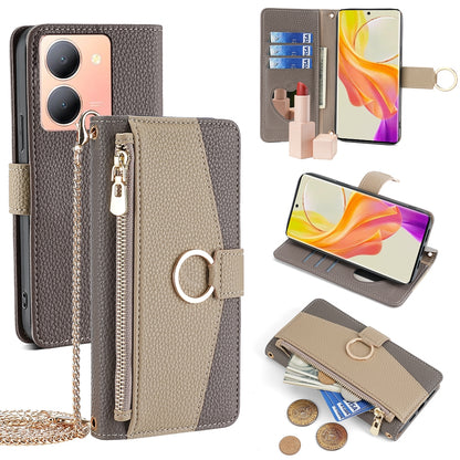 For vivo Y78 5G Crossbody Phone Case with Litchi Texture Leather, Adjustable Kickstand, Card Slots, Zipper Purse, Makeup Mirror, and TPU Protection