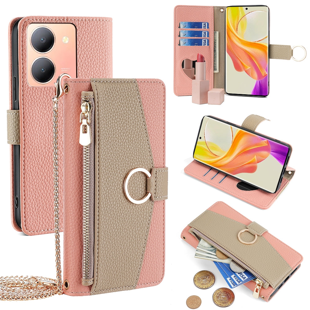 For vivo Y78 5G Crossbody Phone Case with Litchi Texture Leather, Adjustable Kickstand, Card Slots, Zipper Purse, Makeup Mirror, and TPU Protection