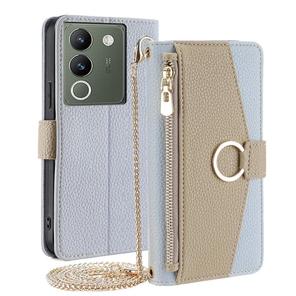 vivo V29e 5G Crossbody Phone Case with Litchi Texture Leather, Adjustable Kickstand, Card Slots, Zipper Purse, Makeup Mirror, and TPU Protection