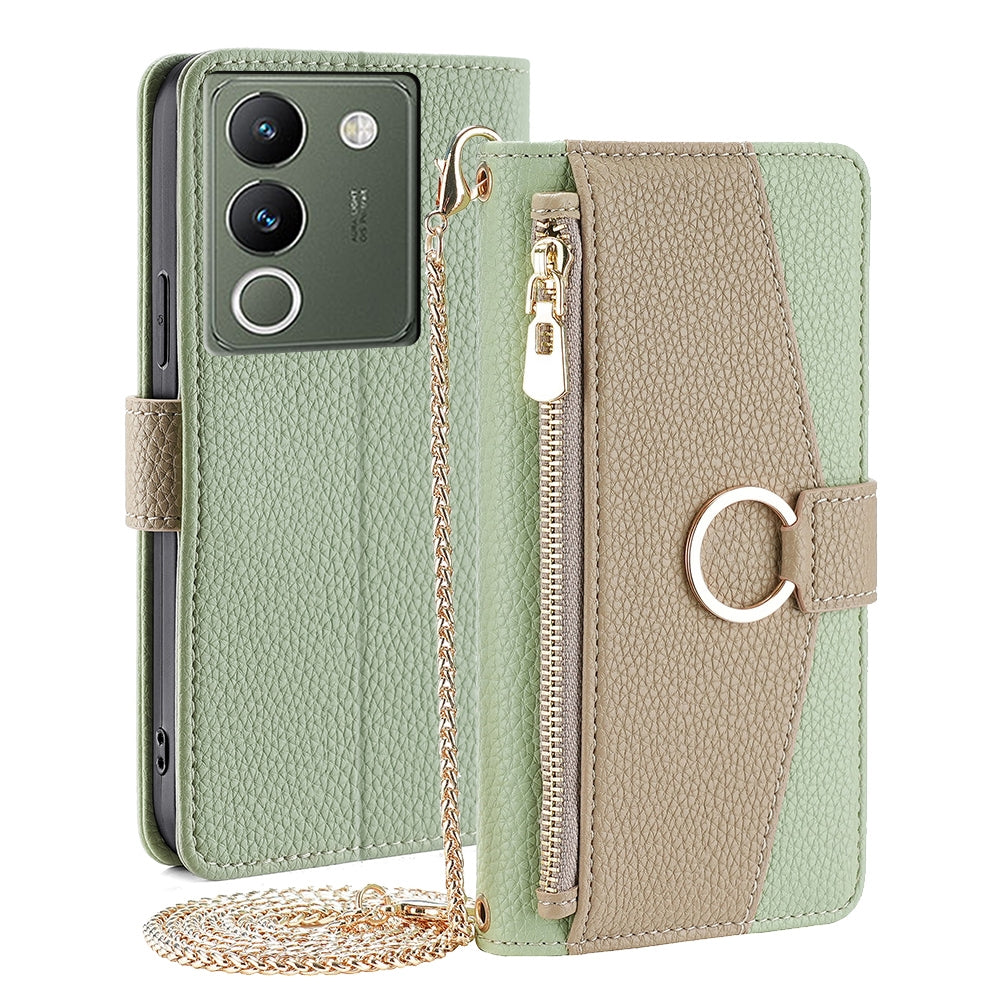 vivo V29e 5G Crossbody Phone Case with Litchi Texture Leather, Adjustable Kickstand, Card Slots, Zipper Purse, Makeup Mirror, and TPU Protection