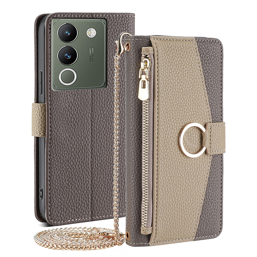 vivo V29e 5G Crossbody Phone Case with Litchi Texture Leather, Adjustable Kickstand, Card Slots, Zipper Purse, Makeup Mirror, and TPU Protection
