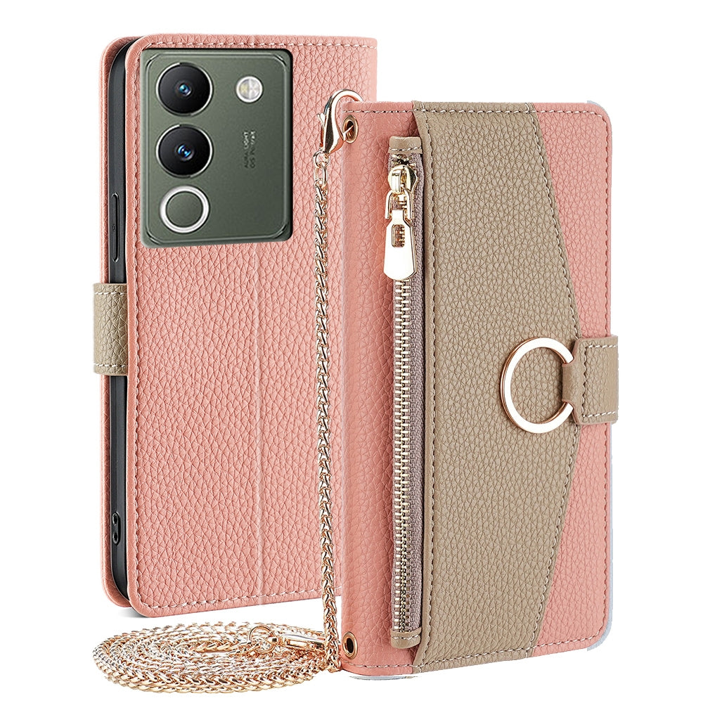 vivo V29e 5G Crossbody Phone Case with Litchi Texture Leather, Adjustable Kickstand, Card Slots, Zipper Purse, Makeup Mirror, and TPU Protection