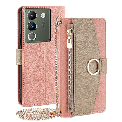 vivo V29e 5G Crossbody Phone Case with Litchi Texture Leather, Adjustable Kickstand, Card Slots, Zipper Purse, Makeup Mirror, and TPU Protection